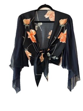 VTG Y2K Sheer Floral Tie Front Blouse Fairycore Goth Bell Sleeve Top S/M